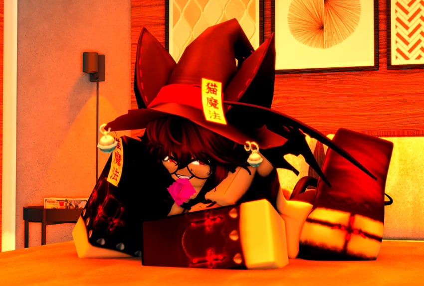 1girls 3d bed clothed condom eleantristina hat nekomata on_bed roblox robloxian source_request succubus tagme