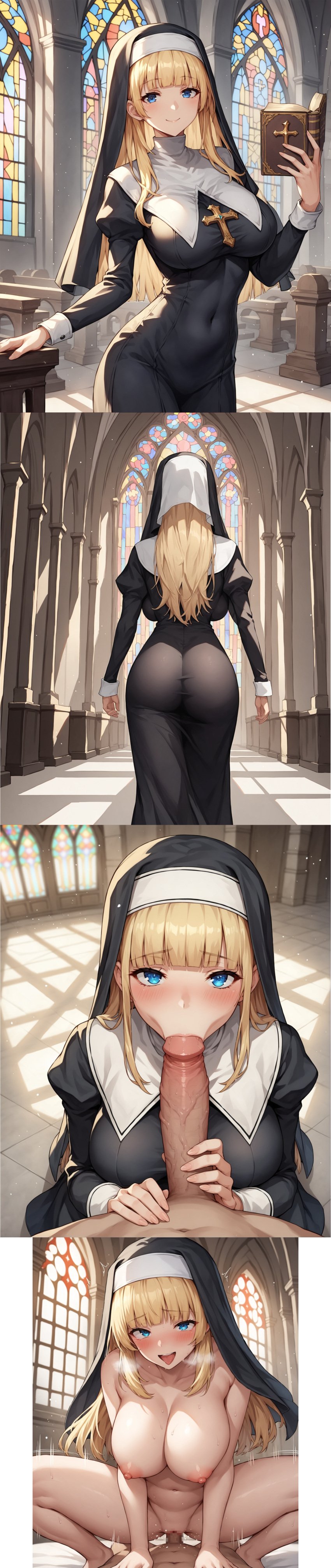 1boy 1girls 4koma ahe_gao ai_generated ass blonde_hair blue_eyes blunt_bangs blush book breasts church covered_navel cowgirl_position curvy fellatio female kneeling large_breasts long_hair looking_at_viewer motion_lines nipples notreallyhere nude nun penetration pov pov_blowjob sex sidelocks smile standing tongue vaginal_penetration