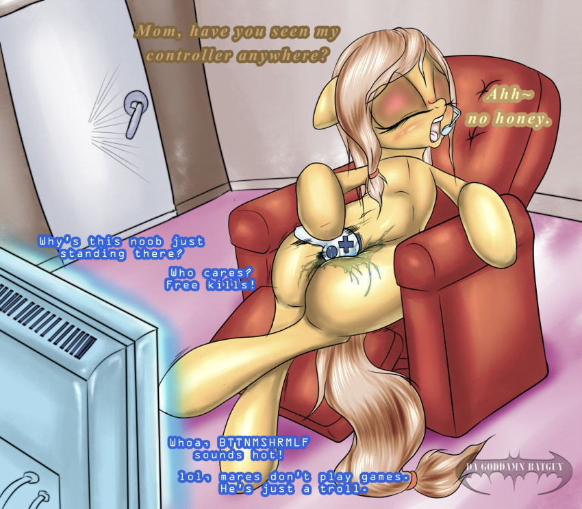 2013 blush brown_fur brown_hair button's_mom chair controller cream_heart_(mlp) da_goddamn_batguy dialog english_text equine female game_controller hair horse improvised_dildo inside masturbation milf moan mother my_little_pony navel open_mouth original_character parent pony pussy_juice recliner shouting solo television text