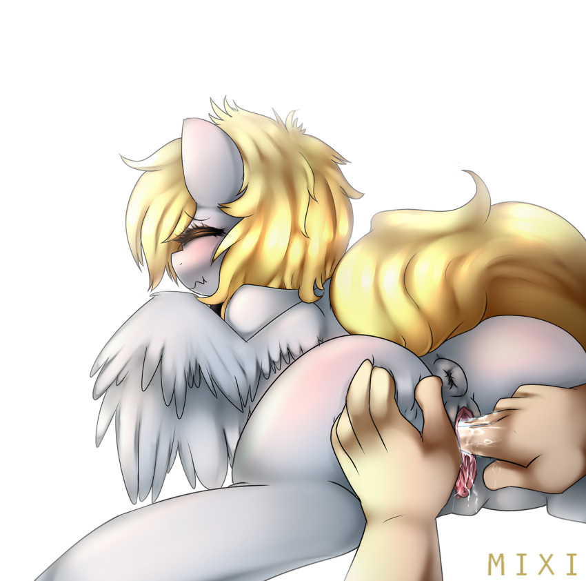 anus blonde_hair blush closed_eyes derpy_hooves equine female feral fingering friendship_is_magic from_behind grey_fur hair horse human interspecies lying mixipony my_little_pony pegasus penetration plain_background pony pussy pussy_juice spread_legs spreading vaginal_penetration wings