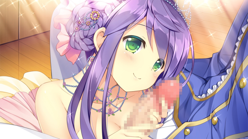 blush censored daikou_wakako female game_cg green_eyes koi_saku_miyako_ni_ai_no_yakusoku_wo_~annaffiare~ natsume_eri necklace penis purple_hair