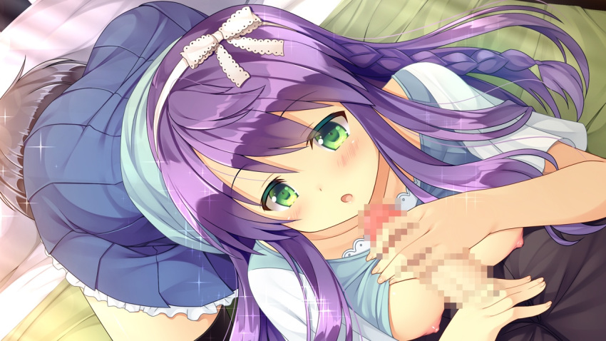 blush braids breasts censored daikou_wakako female game_cg green_eyes headband koi_saku_miyako_ni_ai_no_yakusoku_wo_~annaffiare~ long_hair natsume_eri nipples penis purple_hair skirt