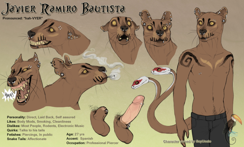 2013 anthro brown_fur cigarette clothes ear_piercing fangs fossa fur furry gauges javier laugh male markings model_sheet pants penis piercing pubes sayuncle sheath smoke smoking snakes tail teeth yellow_eyes