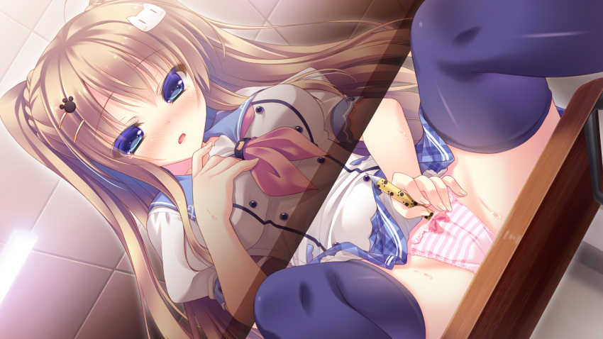 blush brown_hair game_cg long_hair masturbation nekomori_mike nyan_cafe_macchiato panties seifuku skyfish striped striped_panties thighhighs underwear yukie