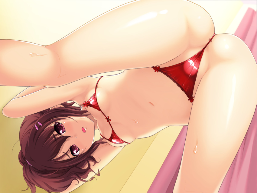 blush brown_hair censored female game_cg mebae_(game) nonohara_miki partially_visible_vulva pussy red_eyes red_panties sakura_anna swimsuit