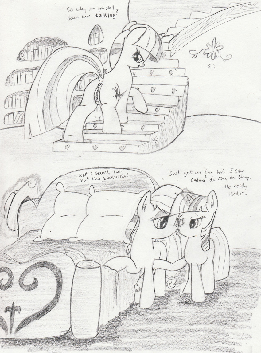 2013 anus applejack_(mlp) bed comic cowboy_hat cutie_mark dialog dickgirl dripping duo english_text equine female feral friendship_is_magic furry futanari hat horn horse inside intersex kitsuneymg magic monochrome my_little_pony pony pussy text twilight_sparkle_(mlp) unicorn