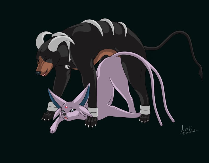 airisu black_background black_body canid color doggy_style eeveelution espeon eyes_closed from_behind generation_2_pokemon houndoom interspecies mouth_open nintendo pokemon pokemon_(species) pokemon_gsc purple_body sex tagme video_games