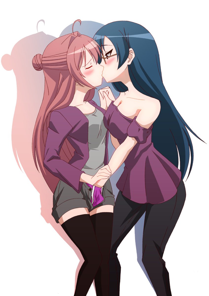 2girls ahoge akaza_akane bare_shoulders black_legwear blue_eyes blue_hair breasts cleavage closed_eyes clothing collarbone crossover female fingering glasses hair_bun hand_holding hand_in_another's_panties hand_in_panties highres horie_yui kanamemo kissing large_breasts long_hair multiple_girls nishida_haruka panties pink_panties red_hair shorts silhouette tatsuya_(guild_plus) thighhighs underwear voice_actor_connection yuri yuru_yuri