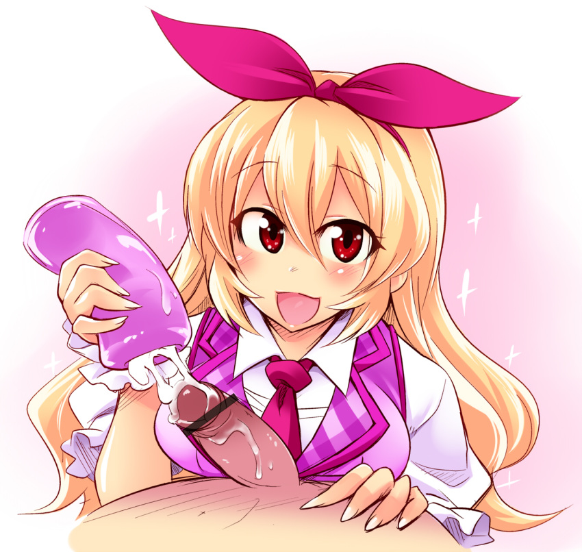 1boy 1girls aikatsu! artificial_vagina blonde_hair bow censored cum hairbow highres hoshimiya_ichigo kobayashi_tetsuya long_hair looking_at_viewer necktie open_mouth penis pov red_eyes smile solo_focus