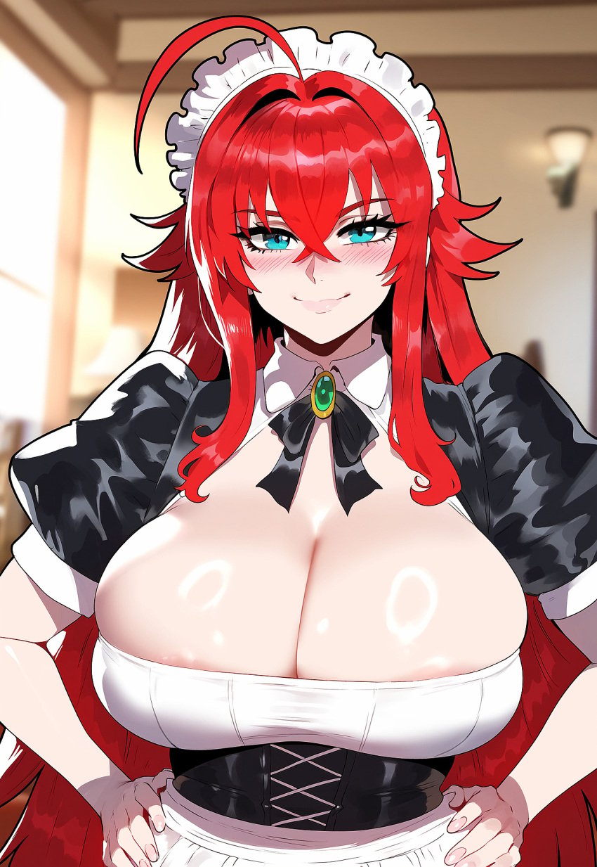 ai_generated big_breasts blue_eyes breasts cum cum_on_breasts curvy day female high_school_dxd huge_breasts human human_female juuicyai large_breasts light-skinned_female light_skin maid maid_headdress massive_breasts narrow_waist red_hair rias_gremory solo thick_thighs wide_hips