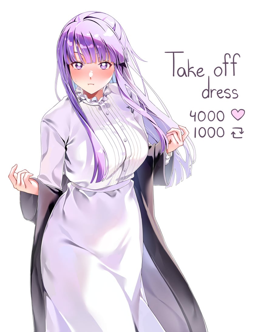 approaching big_breasts blush bob_cut fern_(sousou_no_frieren) long_hair looking_at_viewer machulanko motherly purple_eyes purple_hair removing_clothing skirt slim_waist sousou_no_frieren strip_game tagme thick thick_thighs wide_hips