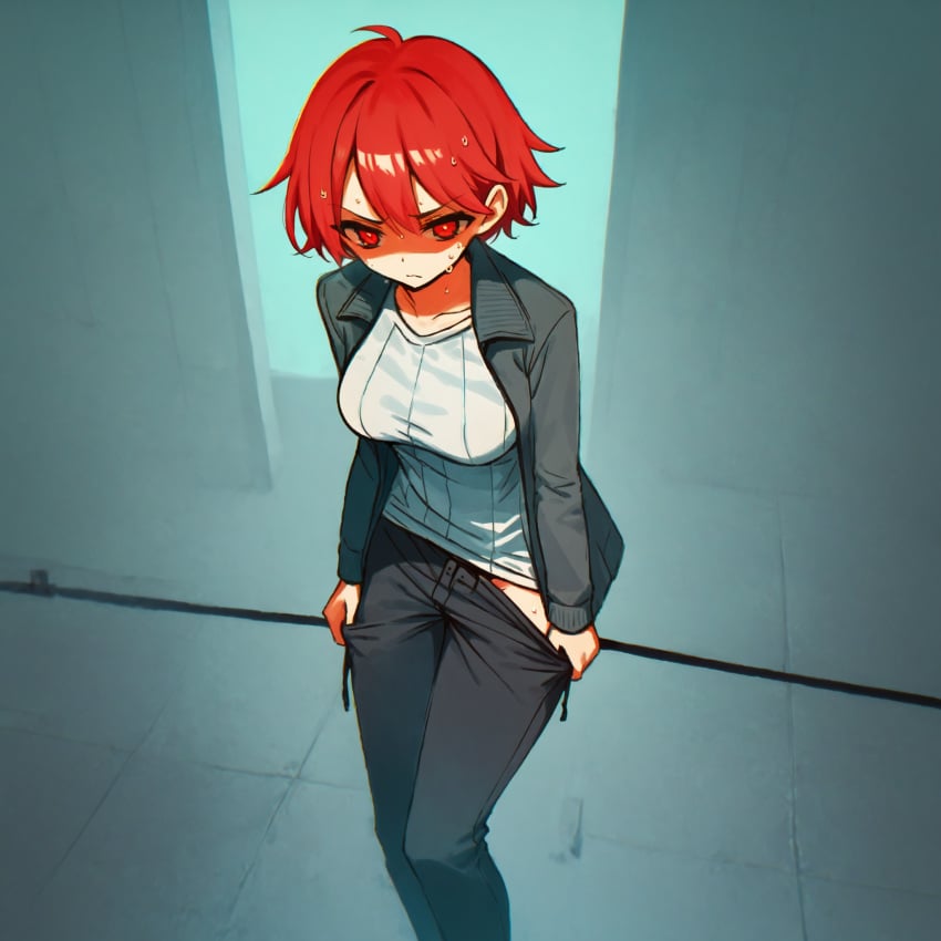 ai_generated angry annoyed coat falsegate flat_chest flat_colors gray_coat gray_pants highres imminent_sex kari_ishimari looking_at_viewer oc_(falsegate) original original_character pants pants_pull pulled_by_self pulling_down_pants red_eyes red_hair short_hair simple_background simple_shading stable_diffusion sweat sweatdrop thighs white_shirt