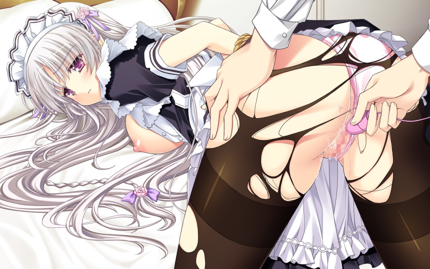 ankoromochi bed blush bondage breasts censored female game_cg headdress long_hair maid nipples panties pantyhose purple_eyes pussy rope shitsuji_ga_aruji_wo_erabu_toki torn_clothes underwear veronica_rubenstadt white_hair