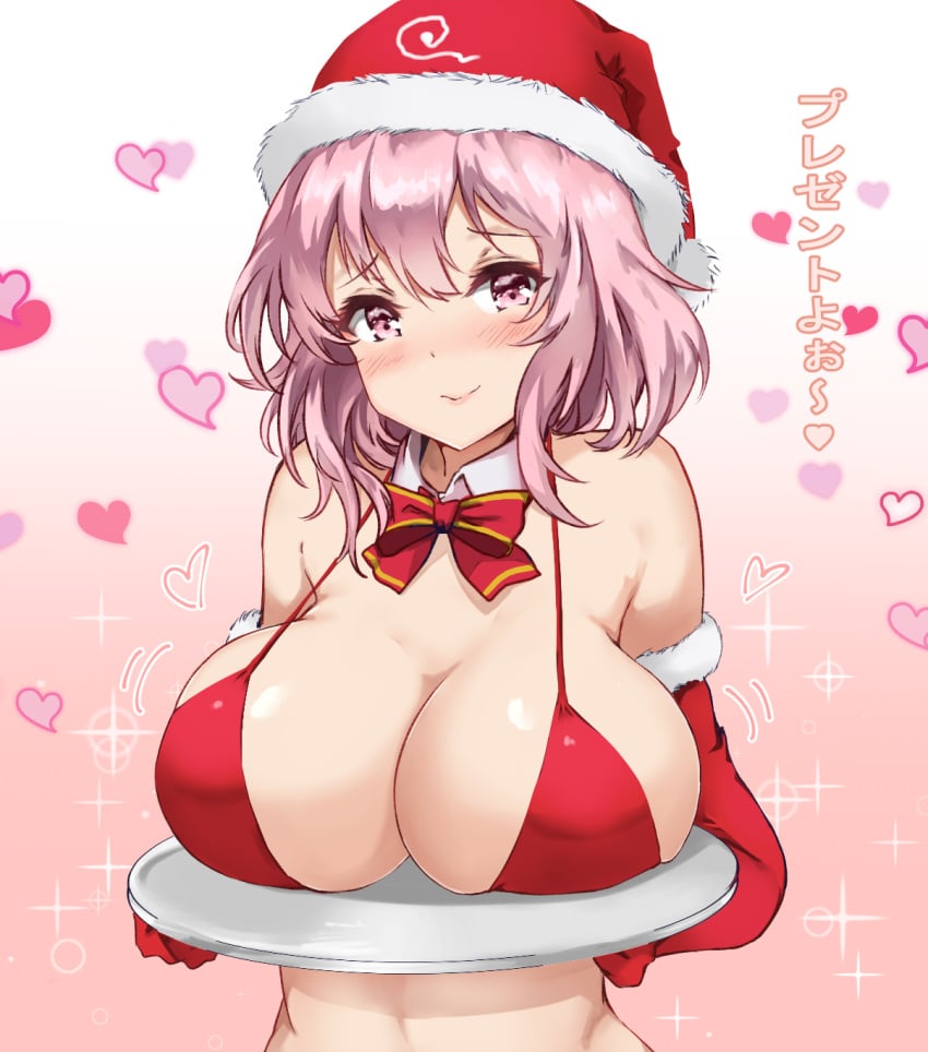 amagi_(amagi626) bikini blush breasts christmas christmas_hat female heart pink_eyes pink_hair plate touhou yuyuko_saigyouji