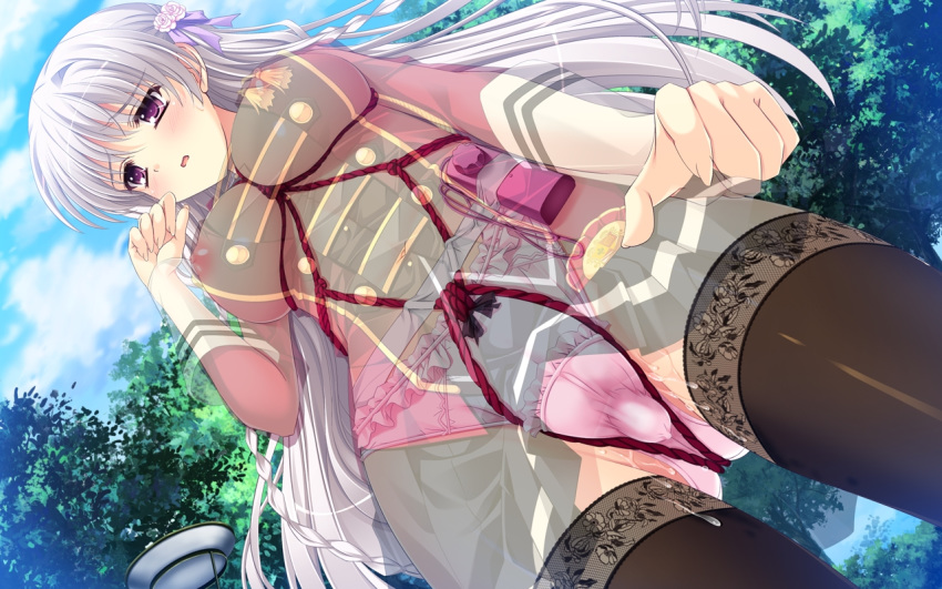 ankoromochi blush bondage braids breasts female game_cg long_hair navel nipples panties purple_eyes rope shitsuji_ga_aruji_wo_erabu_toki thighhighs topless underwear veronica_rubenstadt vibrator white_hair