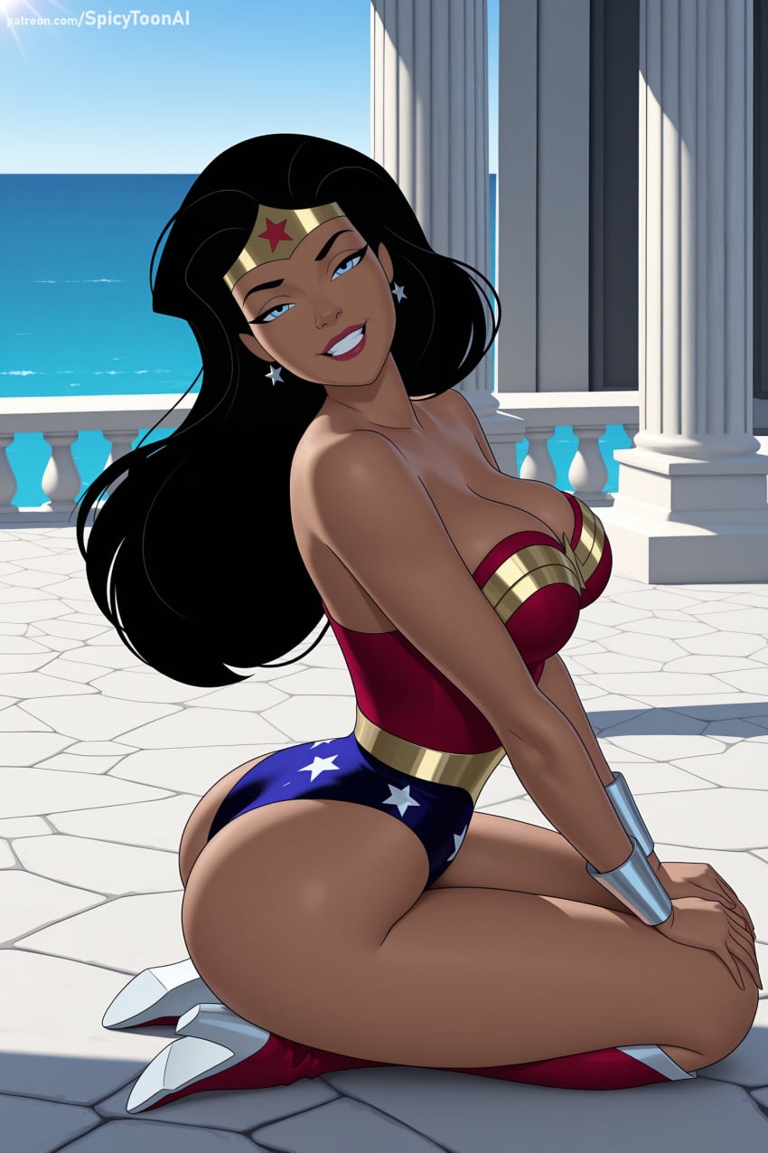 1girl ai_generated ass bare_shoulders black_hair blue_eyes bracelet breasts cleavage dark_skin dc dc_comics dcau diana_prince earrings hi_res high_heels high_quality high_resolution jewelry justice_league large_breasts lips long_hair looking_at_viewer patreon seductive sexy smile solo spicytoonai star_(symbol) star_print strapless thighs uncensored watermark wonder_woman wonder_woman_(series)