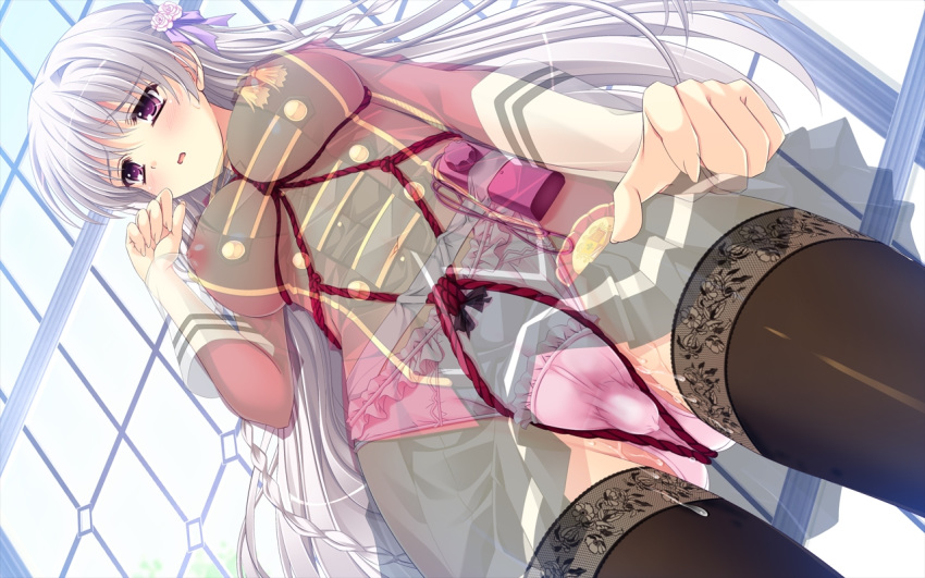 ankoromochi blush bondage braids breasts female game_cg long_hair navel nipples panties purple_eyes rope shitsuji_ga_aruji_wo_erabu_toki thighhighs topless underwear veronica_rubenstadt vibrator white_hair