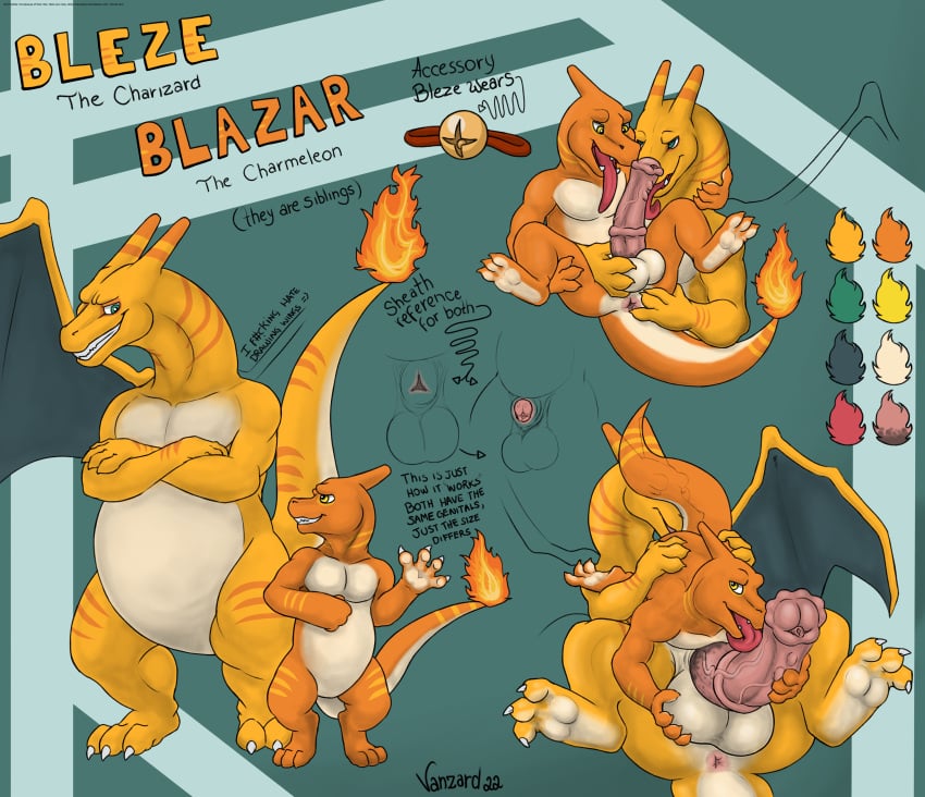 absurd_res anal animal_genitalia animal_penis anthro anus balls bell big_balls big_dom_small_sub big_penis blazar_(vanzard) bleze_(vanzard) charizard charmeleon dominant duo english_text equine_penis eye_contact fan_character fire flared_penis genitals green_eyes hardcore hi_res licking looking_at_another male male/male medial_ring model_sheet nintendo oral orange_body penile penis penis_lick pokémon_(species) pokemon pokemon_(species) rimming sex sheath size_difference smile spots spotted_genitalia spotted_penis spread_anus spreading striped_body stripes text tongue tongue_out vanzard video_games wings yellow_body yellow_eyes