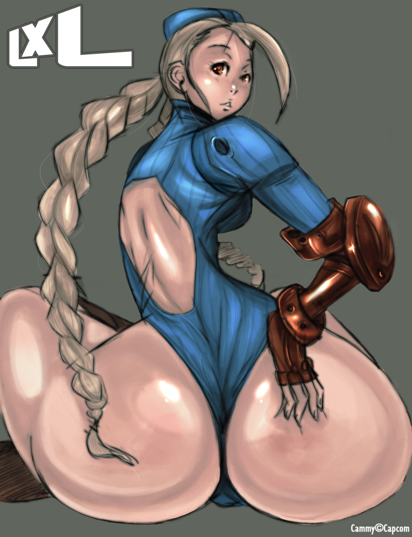 alternate_costume ass ass_grab blonde_hair cammy_white female female_only garrison_cap human leotard liquidxlead pigtails solo street_fighter street_fighter_alpha thong_leotard