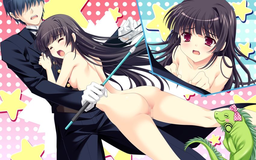 ankoromochi ass black_hair blush breasts censored closed_eyes clothed_male_nude_female female game_cg gloves iguana_(animal) katsuranomiya_saya long_hair nude red_eyes ribbon shitsuji_ga_aruji_wo_erabu_toki tail