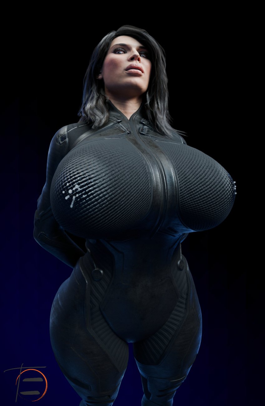 1girls 3d 3d_(artwork) ashley_williams big_breasts black_hair bodysuit breasts female female_only huge_breasts hyper_breasts lactation lactation_through_clothes lactation_without_expressing mass_effect nipple_bulge skintight solo theorangenjoyer