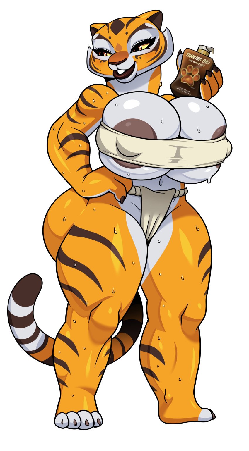 anthro areola_slip areolae cleavage deep_cleavage erect_nipples female huge_breasts kung_fu_panda lollipopcon master_tigress nipple_bulge solo tiger