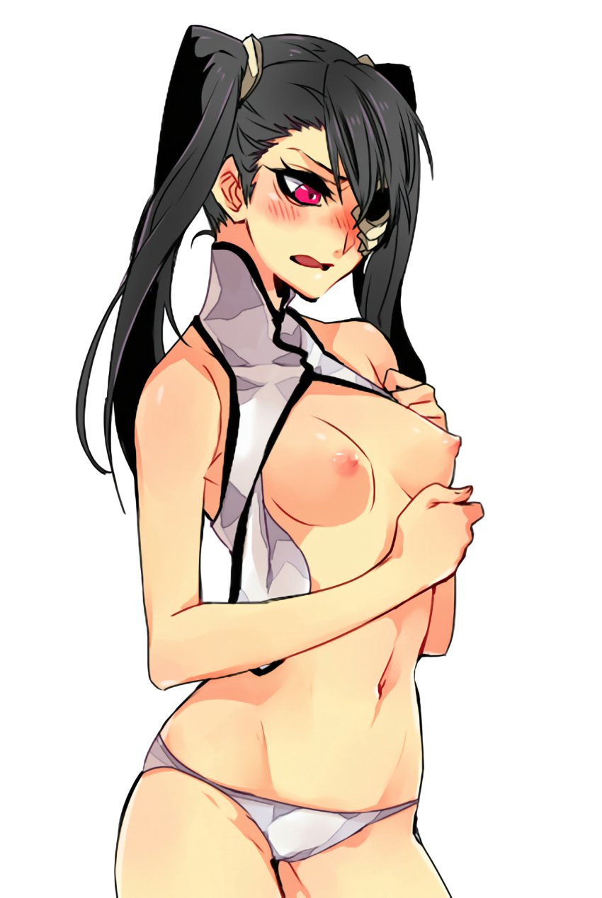 asymmetrical_bangs bangs bare_breasts bare_thighs black_hair bleach bleach:_the_thousand-year_blood_war blush blush breasts_out breasts_out_of_clothes embarrassed erect_nipples female female fit_female grabbing hair_tie loly_aivirrne long_hair navel nipples one_eye_covered open_mouth panties petite red_eyes revealing_clothes shounen_jump shy skull_hair_ornament skull_mask slender_body small_breasts solo solo_female solo_focus toned_female twintails twintails white_panties white_top