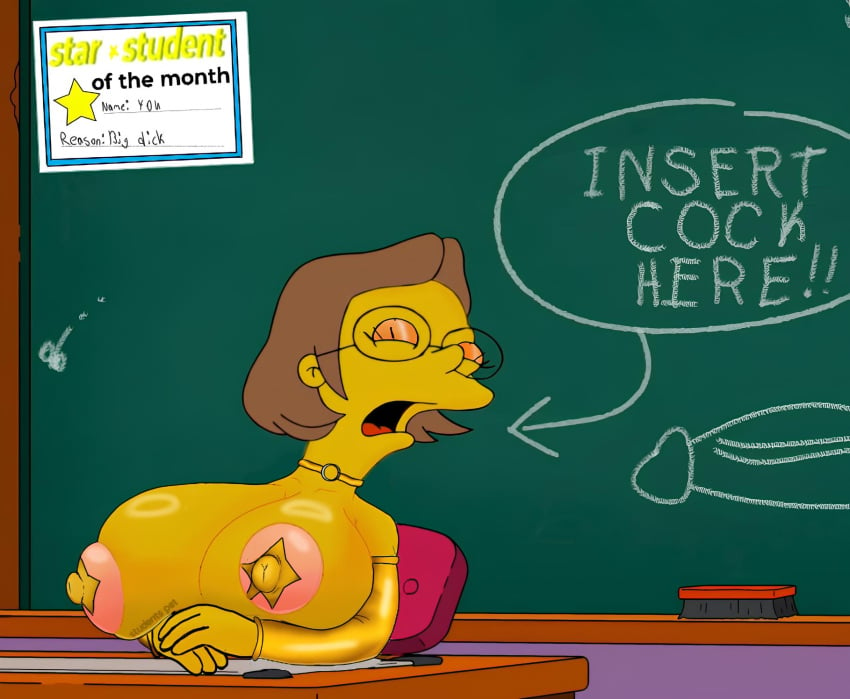 1girls big_breasts blueghost418969 breasts edit edited elizabeth_hoover glasses nipples no_bra pasties screencap screenshot screenshot_edit short_hair solo teacher the_simpsons upscaled