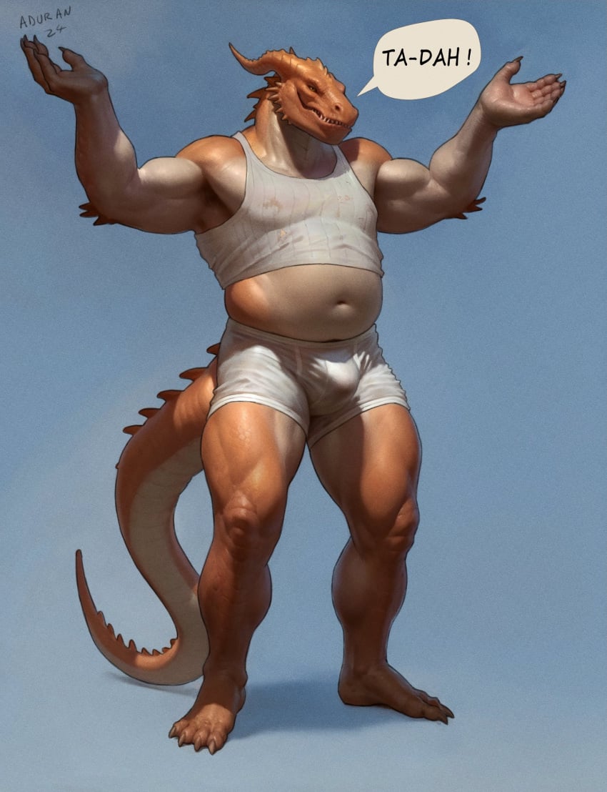 absurd_res aduran anthro biceps bulge clothing digital_drawing_(artwork) digital_media_(artwork) hi_res horn male male_anthro musclegut muscular navel scalie shirt simple_background solo standing tail tank_top topwear underwear