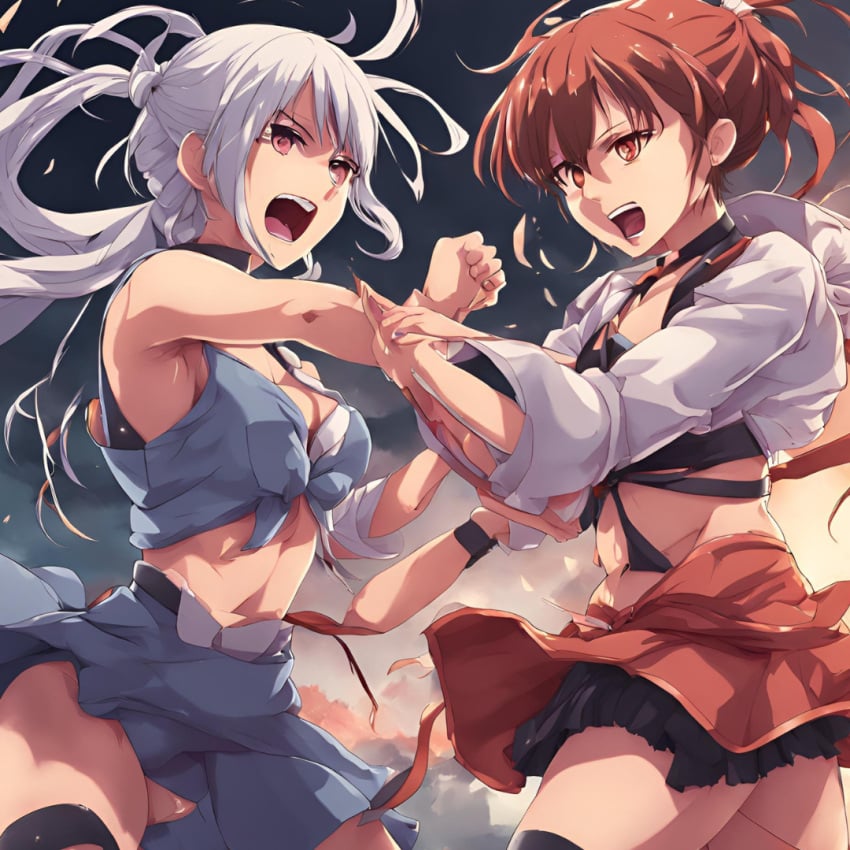 2girls ai_generated beach catfight fight mutual_yuri red_hair ripped ripped_clothes ripped_clothing ripping ripping_clothing ripping_pants sexfight white_hair yuri