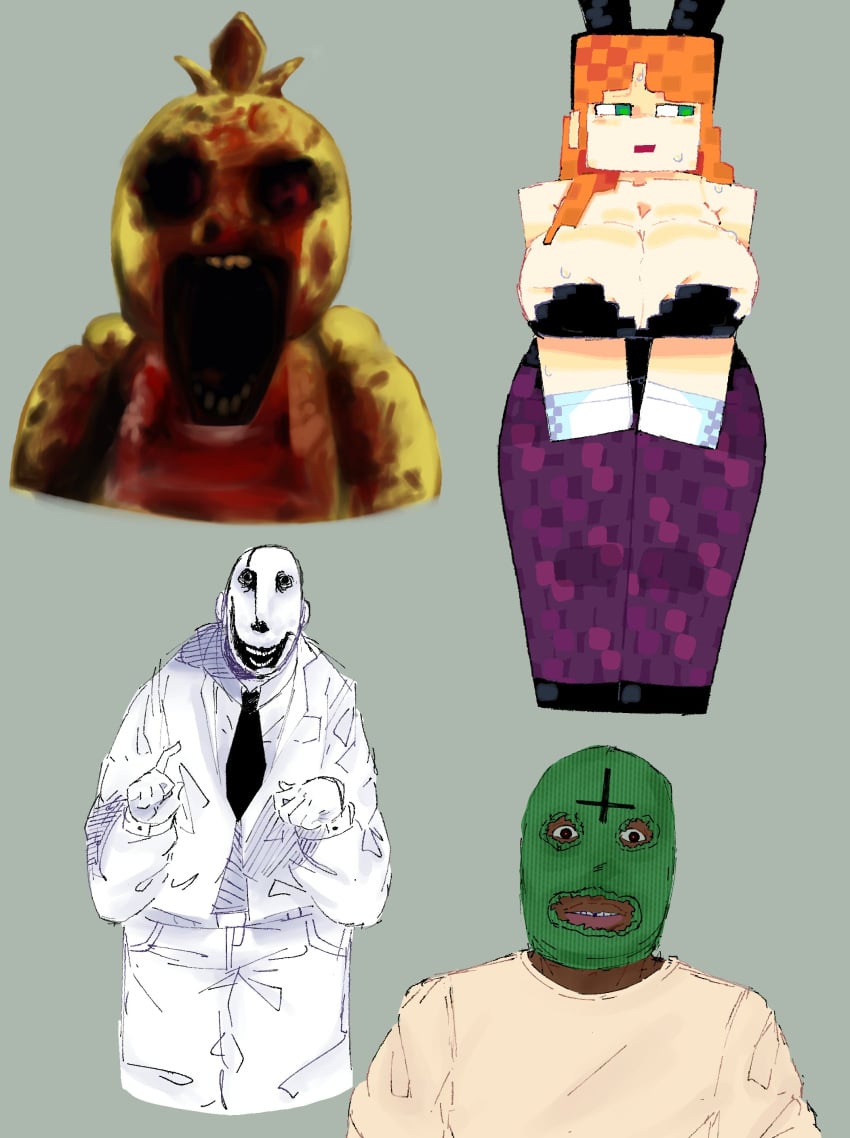 2boys 2girls alex_(minecraft) big_boobs big_breasts boobs breasts bunny_ears bunnysuit chica_(fnaf) female_focus five_nights_at_freddy's grey_background huge_boobs huge_breasts minecraft nervous simple_background spinarooz sweat sweatdrop sweating sweaty tagme tagme_(character) thick_legs thick_thighs tits tyler_the_creator