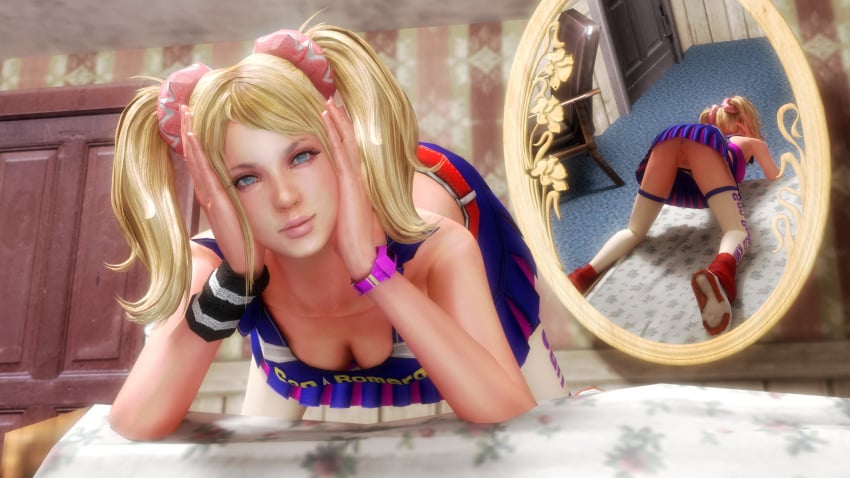 1girls 3d ass_up blonde_female blonde_hair blue_eyes juliet_starling lollipop_chainsaw no_panties pussy skirt solo solo_female trahtenberg twintails underskirt