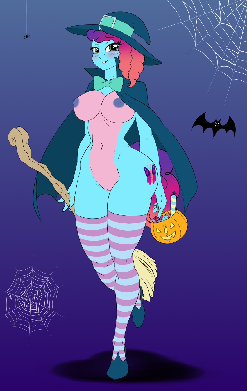 anthro bat blue_body blush bow_tie candy cape clothing curled_hair cutie_mark dessert equid equine female food footwear freckles genitals green_eyes hair hasbro hat headgear headwear hi_res horn jack-o'-lantern legwear looking_at_viewer magic_user mammal misty_brightdawn_(mlp) mlp_g5 my_little_pony mythological_creature mythological_equine mythology pattern_clothing pattern_footwear pattern_legwear pattern_socks pia-sama pink_body pink_clothing pink_footwear pink_socks purple_hair pussy shoes socks solo spider_web staff striped_clothing striped_footwear striped_socks stripes thigh_highs thigh_socks unicorn wide_hips witch witch_costume witch_hat