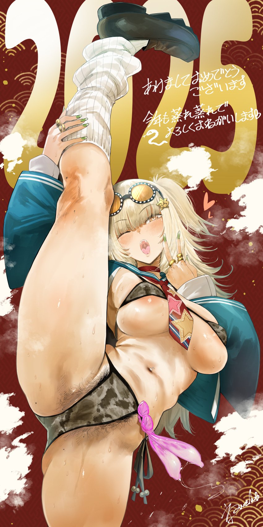 absurdres bikini blonde_hair blunt_bangs choker condom excessive_pubic_hair eyewear_on_head female female_pubic_hair fingernails green_nails happy_new_year hero_neisan highres holding_own_leg leg_up leg_warmers long_fingernails mole mole_on_crotch mole_on_leg multiple_condoms nail_polish necktie necktie_between_breasts one_eye_closed open_mouth original print_bikini pubic_hair sailor_collar smell smile solo split standing standing_on_one_leg standing_split sweat swimsuit tinted_eyewear used_condom v