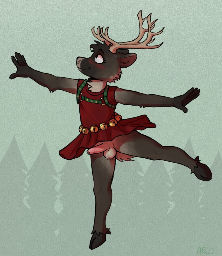 anthro antlers arloatdusk balls blush bottomless bottomless_anthro bottomless_male brown_body brown_fur clothed clothing cloven_hooves crossdressing dancing deer dress erection foreskin fur genitals harness hi_res hooves horn humanoid_genitalia humanoid_penis male mammal mangohyena neck_tuft new_world_deer no_underwear penis prancer red_clothing red_dress reindeer solo tuft