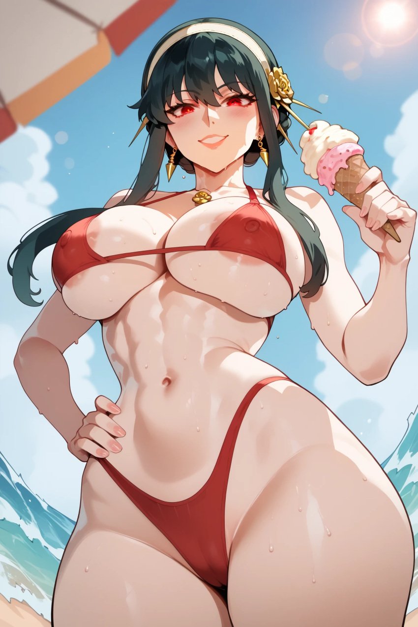 1girls ai_generated angeciskk areola areola_slip ass beach big_breasts bikini bikini_bottom bikini_top curvy curvy_female ice_cream nipples_visible_through_clothing red_bikini red_eyes solo yor_briar yor_forger