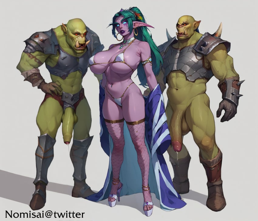 1girls 2boys ai_generated big_breasts disrobing female fishnets high_heels imminent_sex interracial monster_cock night_elf nomisai orc orc_(warcraft) self_upload stable_diffusion tyrande_whisperwind warcraft world_of_warcraft