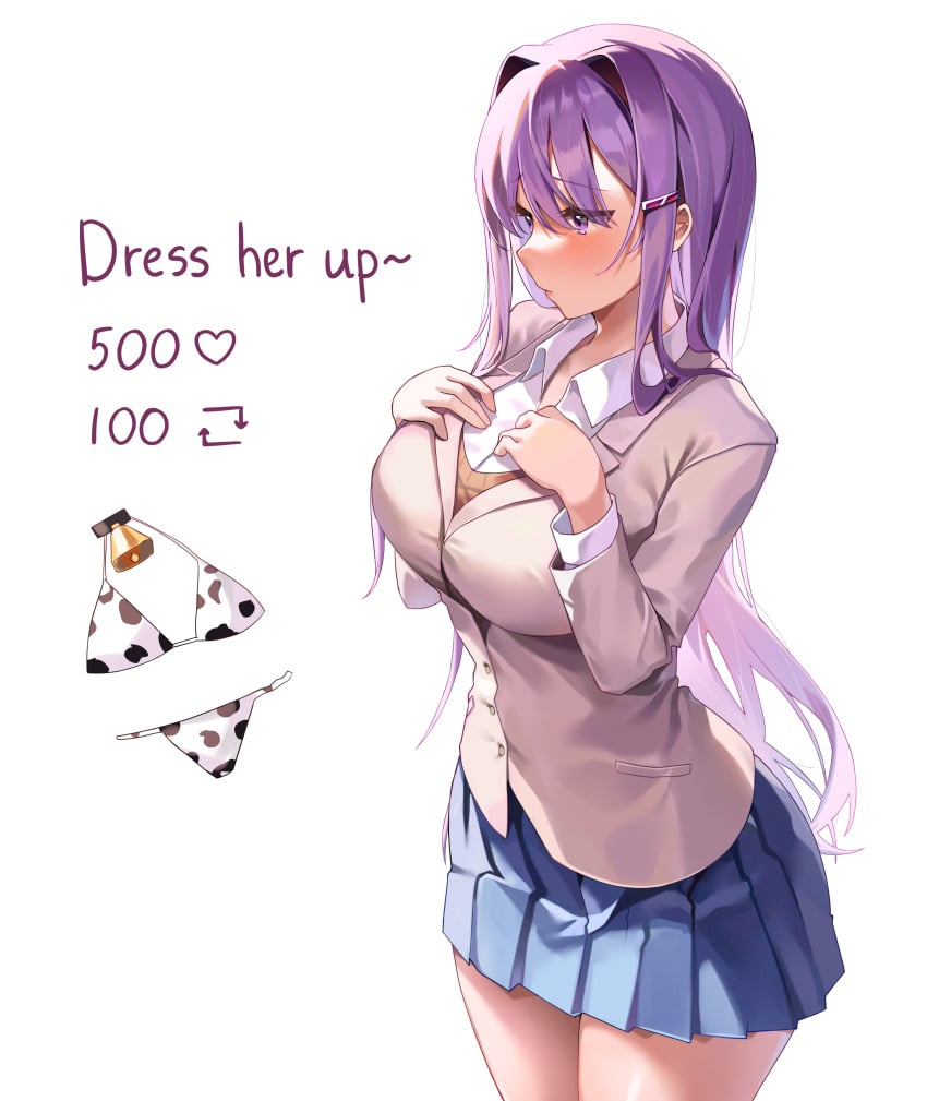 5_fingers big_breasts blue_skirt blush breasts doki_doki_literature_club embarrassed embarrassed_female heart_icon long_hair machulanko number numbers purple_bra purple_eyes purple_hair retweet_icon school_uniform schoolgirl schoolgirl_uniform shy skirt strip_game text thick_thighs white_background yuri_(doki_doki_literature_club)