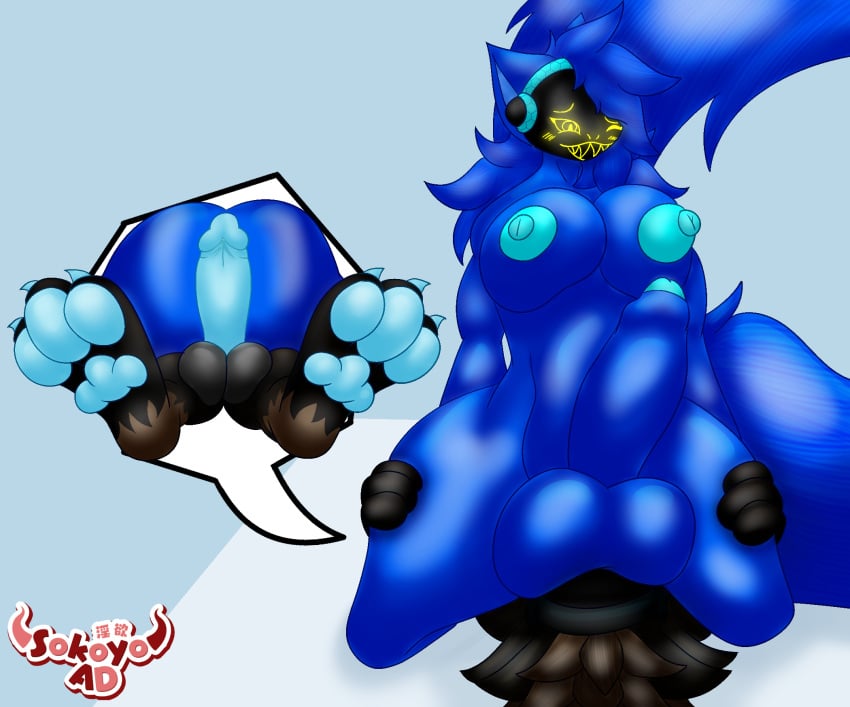 3_toes 4_fingers animal_humanoid anthro ass balls big_balls big_breasts big_feet big_penis blue_body blue_fur blue_hair breasts canid canine claws cybernetics cyborg duo erect_nipples erection facesitting feet fingers fur genitals gynomorph hair hand_on_hip hi_res huge_balls huge_cock humanoid hyper hyper_balls hyper_genitalia hyper_penis intersex intersex/male long_tail looking_down looking_pleasured machine male mammal mammal_humanoid nipples nude pawpads paws penile penis protogen protogen_visor sitting_on_another sokoyo_owo starry_(sokoyo_owo) tail toes yellow_eyes