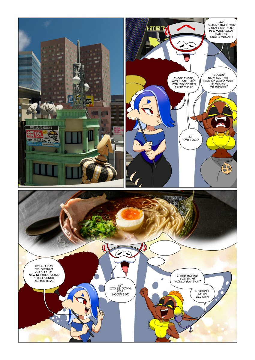 1boy 2025 2girls background bedroom_eyes big_breasts big_man_(splatoon) black_eyelashes black_pants blue_eyebrows blue_hair blue_shawl breasts city city_background closed_eyes comic comic_panel dark-skinned_female dark_skin digital_drawing_(artwork) digital_media_(artwork) frye_(splatoon) frye_onaga hands_behind_head headband headgear hi_res holding_umbrella humanoid_pointy_ears inkling light-skinned_female light_skin manta_ray motion_lines mouth_watering nintendo noodles octoling open_mouth page_1 pointy_ears red_eyes red_pupils shiver_(splatoon) shiver_hohojiro splatoon splatoon_(series) splatoon_3 tansau tentacle tentacle_hair text_bubble thick_thighs torn_clothing trio voluptuous voluptuous_female yellow_eyelashes yellow_hair