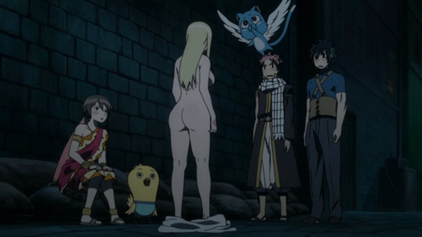 2boys 2girls animated ass big_ass blonde_hair blush breasts completely_nude completely_nude_female covering covering_mouth eclair_(fairy_tail) embarrassed exceed_(fairy_tail) fairy_tail feline female from_behind full_body gray_fullbuster happy_(fairy_tail) highres large_breasts lucy_heartfilia momon_(fairy_tail) multiple_boys multiple_girls naked naked_female natsu_dragneel night nude nude_female outdoors scarf screencap sideboob squatting stuffed_toy surprised tail towel towel_drop wings