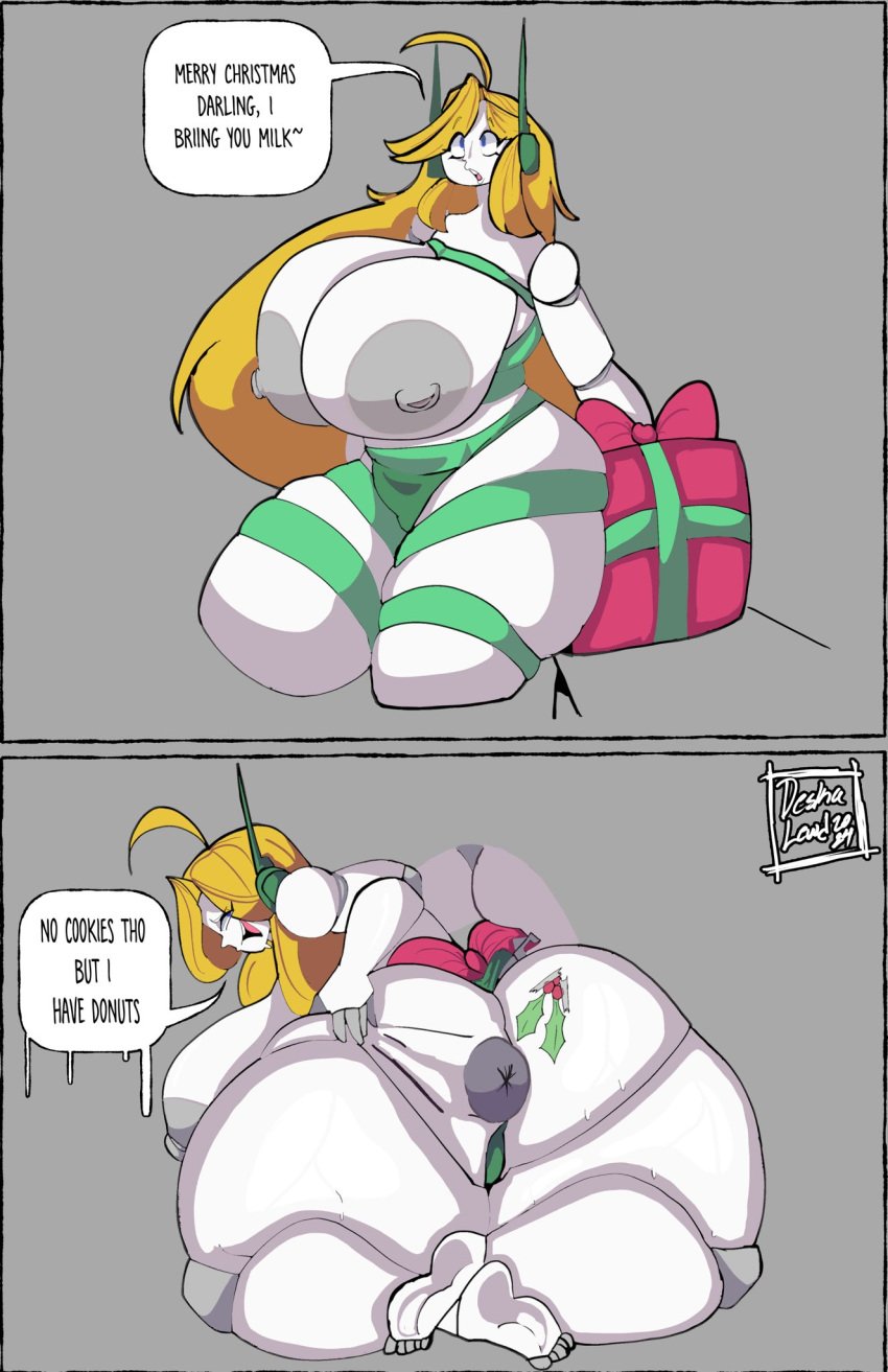 ass_bigger_than_head asshole big_areola breasts_bigger_than_head cave_story curly_brace deskalewd erect_nipples feet huge_ass huge_breasts implied_lactation mistletoe robot_girl thick_thighs