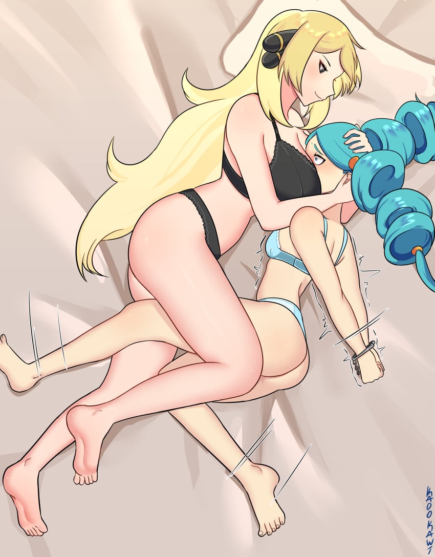 2girls absurd_res ace_trainer_(pokemon) ace_trainer_(pokemon_bw) aqua_hair arms_behind_back artist_name asphyxiation ass barefoot bedsheets big_breasts black_bra black_eyes black_panties blonde_hair blue_bra blue_panties bondage bra breast_smother breasts cleavage creatures_(company) cynthia_(pokemon) drill_hair feet female female_only femdom femsub game_freak handcuffed handcuffs hi_res kadokawi lingerie long_hair lying nintendo npc_trainer on_side panties pillow pokemon pokemon_bw pokemon_dppt sadism signature small_breasts smile struggling trembling twintails underwear underwear_only very_long_hair yuri