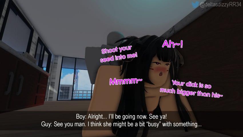 1boy 3d big_breasts blush cheating cheating_girlfriend deltasdizzy english_dialogue female muscles netorare ntr penetration penis roblox robloxian six_pack tagme text