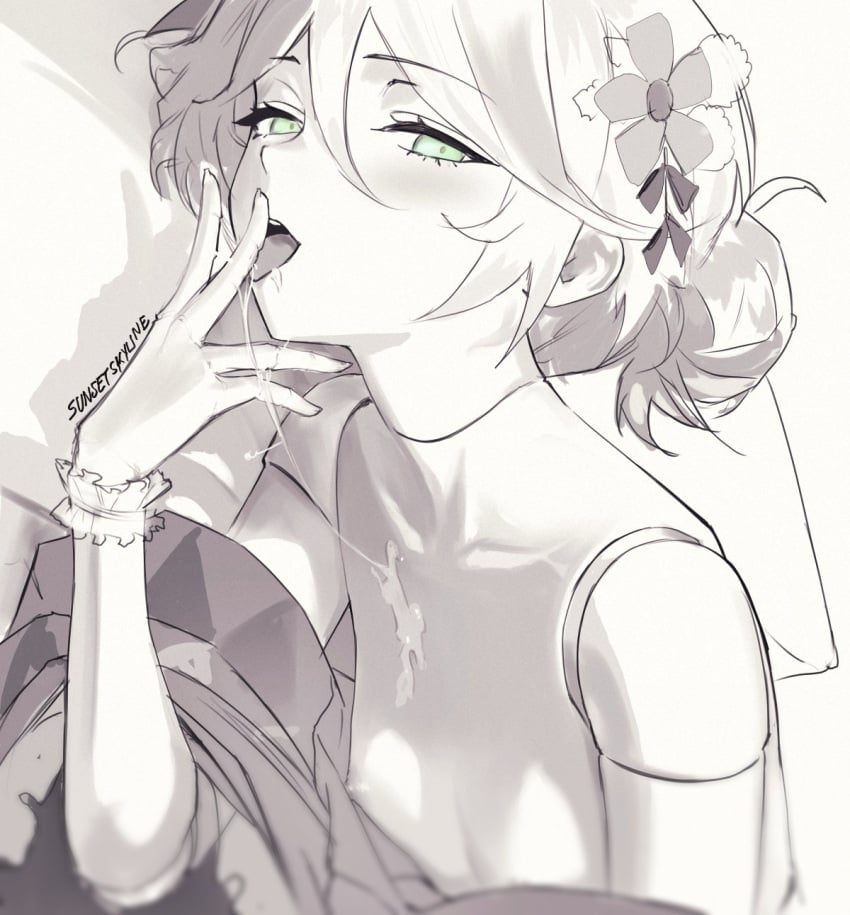 cecilia_immergreen cum cum_on_breasts doll_joints gloves green_eyes hair_ornament hololive hololive_english kimono kimono_down licking_cum licking_fingers nipples sketch small_breasts sunsetskyline tied_hair virtual_youtuber