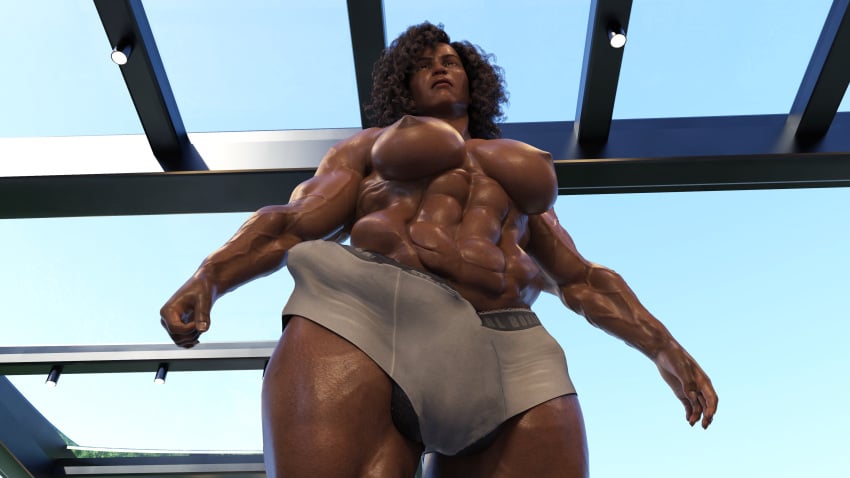 1futa 3d 3d_(artwork) abs ball_slip balls big_balls big_breasts big_bulge black_hair blankken breasts briefs bulge bulge_through_clothing curly_hair dark-skinned_futanari dark_skin day daytime enormous_penis erection erection_under_clothes futa_only futanari grey_underwear huge_cock hung_futanari large_breasts low-angle_view massive_penis medium_hair muscular muscular_futanari muscular_legs nipples original_character outside penis_outline solo solo_futa topless underwear underwear_only veiny_arms veiny_muscles