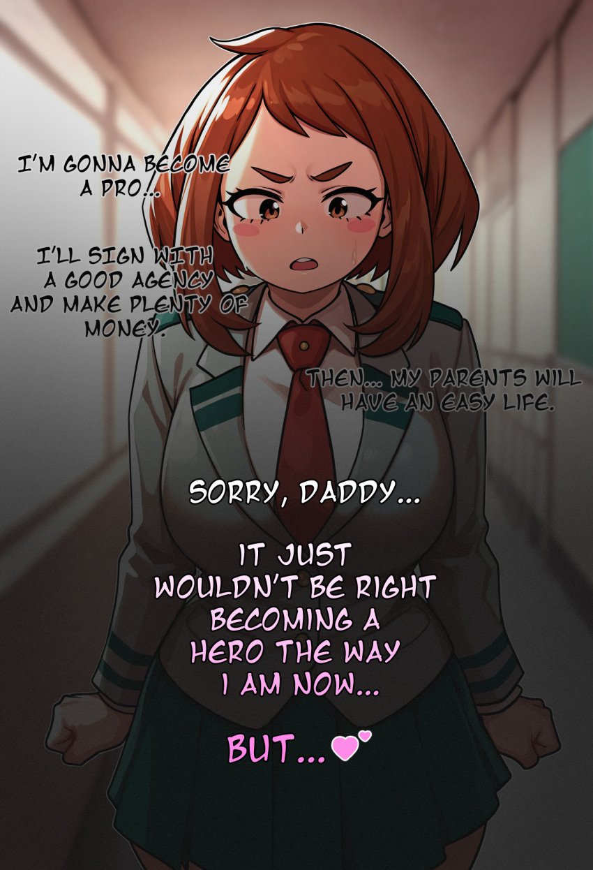 ai_generated blazer brown_eyes brown_hair english_text fist flashback hallway large_breasts looking_away looking_down my_hero_academia ntrvana ochako_uraraka railing school school_uniform skirt standing talking_to_viewer thick_thighs tie u.a._school_uniform window