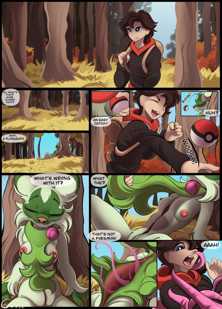 absurd_res animate_inanimate anthro areola breasts comic conrie english_text floragato forest generation_9_pokemon hi_res human human_on_anthro interspecies living_clothing mammal monster nintendo plant pokeball pokemon pokemon_(species) tentacle text transformation tree walking