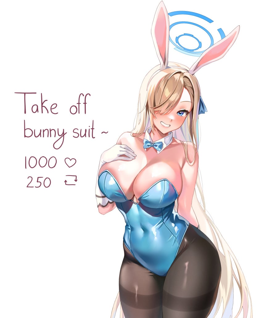 asuna_(bunny)_(blue_archive) big_ass big_breasts blonde_hair blue_archive blue_eyes bunny_costume bunny_ears bunny_girl bunnysuit gloves hair_over_one_eye hourglass_figure long_hair looking_at_viewer machulanko pantyhose slim_waist smiling strip_game teenager thick thick_thighs tight_clothing tight_fit wide_hips