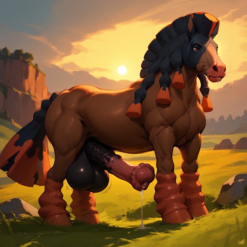 ai_generated animal_genitalia animal_penis balls bodily_fluids cliff equid equine equine_penis feral flared_penis generation_7_pokemon genital_fluids genitals grass hi_res hooves horse male mammal matt3985_(director) mudsdale penis phazon plant pokemon_(species) precum rock solo sunrise